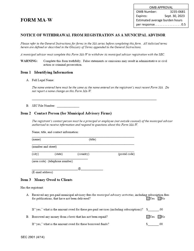 Form MA-W Notice Of Withdrawal From Registration As Municipal Advisor (SEC2901) {MA-W} | Pdf Fpdf Doc Docx | Official Federal Forms