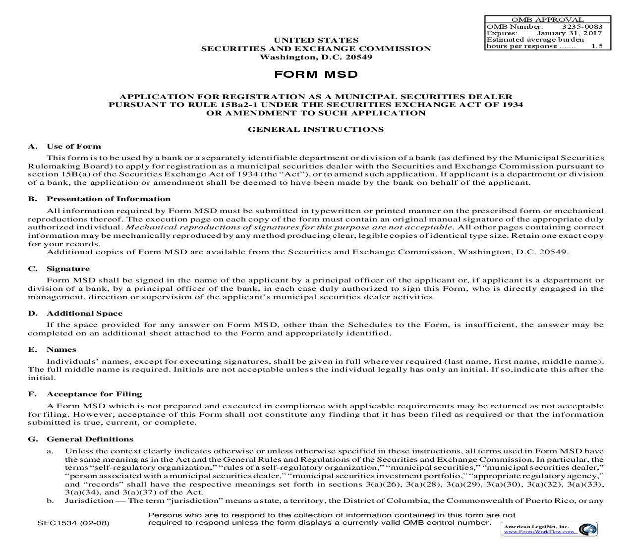Form MSD Application For Registration As A Municipal Securities Dealer (SEC1534) {MSD} | Pdf Fpdf Doc Docx | Official Federal Forms