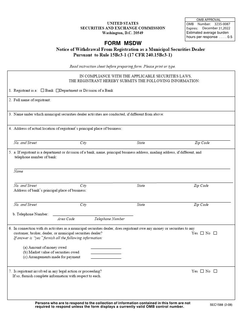 Form MSDW Notice Of Withdrawal From Registration As A Muni Securities Dealer (SEC1588) {MSDW} | Pdf Fpdf Doc Docx | Official Federal Forms