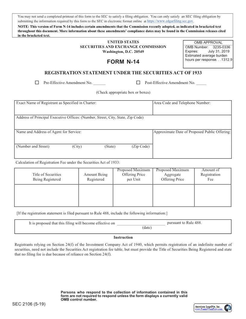 Form N-14 Registration Statement Under The Securities Act Of 1933 (SEC2106) {N-14} | Pdf Fpdf Docx | Official Federal Forms