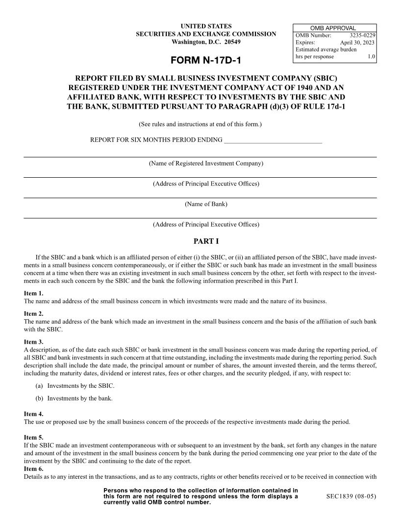 Form N-17D-1 Report Filed By Small Business Investment Company (SEC1839) {N-17D-1} | Pdf Fpdf Docx | Official Federal Forms