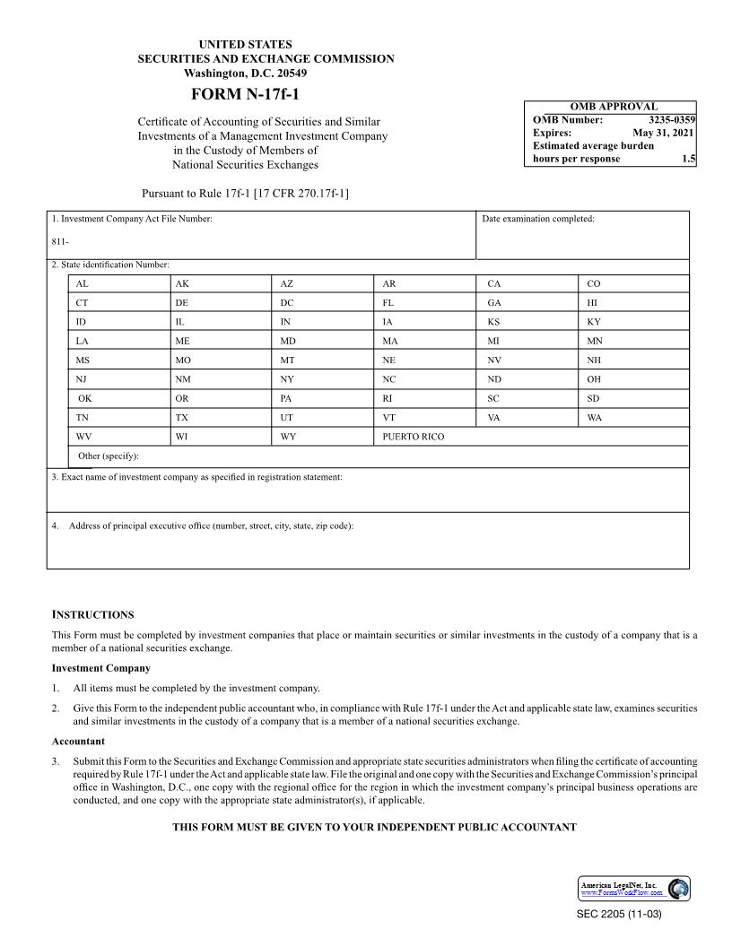 Form N-17F-1 Certificate Of Accounting Of Securities And Similar Investments (SEC2205) {N-17F-1} | Pdf Fpdf Docx | Official Federal Forms