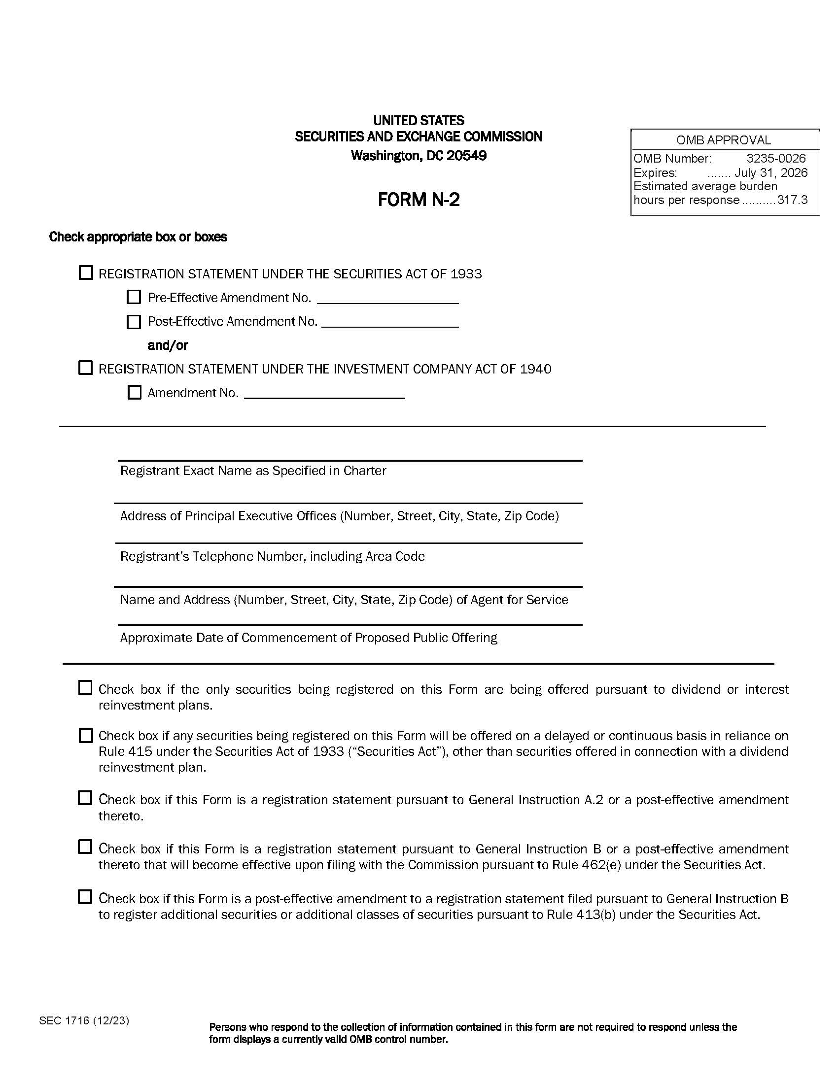 Form N-2 Registration Statement Under The SEA of 1933 And Or Investment Co Act Of 1940 (SEC1716) {N-2} | Pdf Fpdf Docx | Official Federal Forms