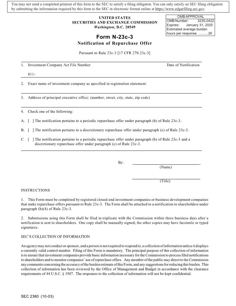 Form N-23C-3 Notification Of Repurchase Offer (SEC2380) {N-23C-3} | Pdf Fpdf Docx | Official Federal Forms