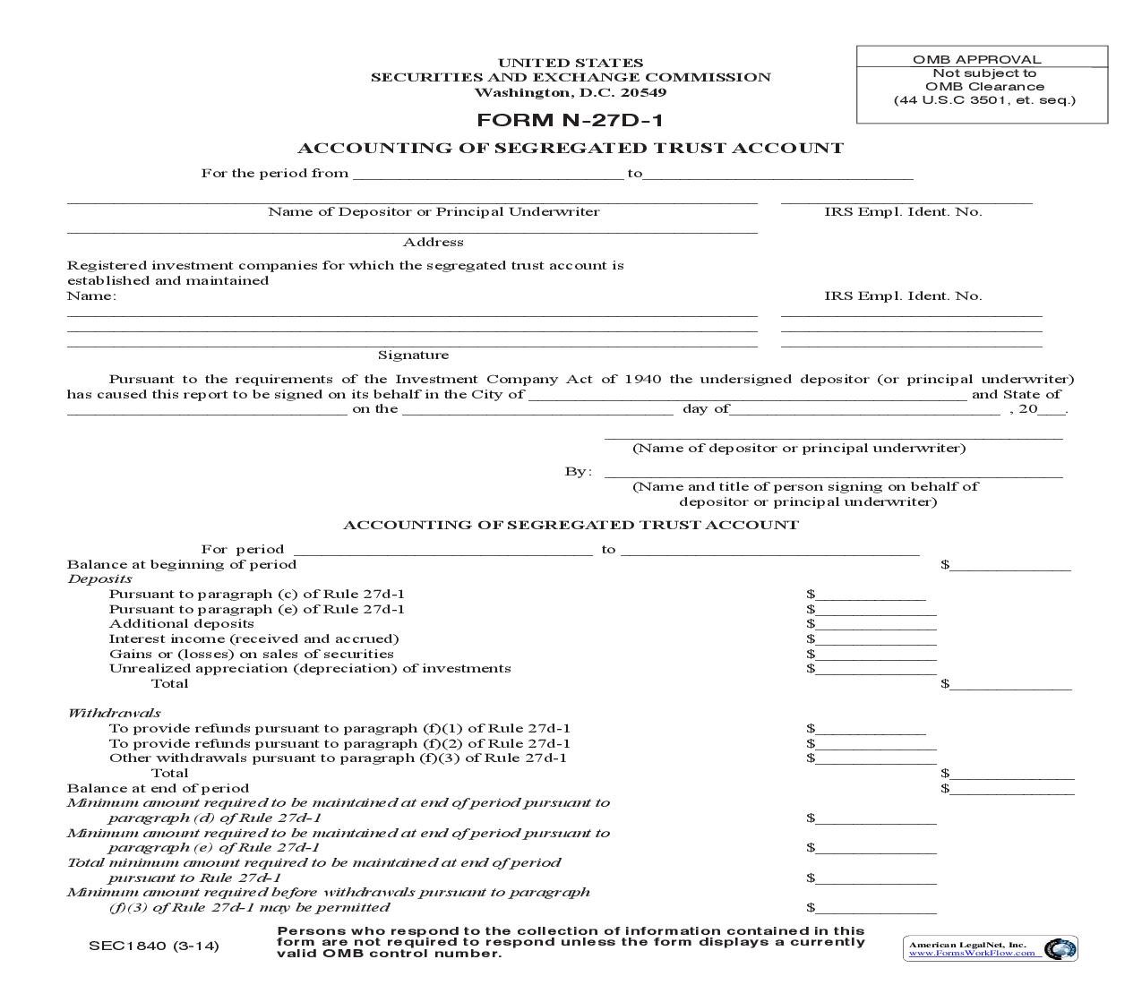 Form N-27D-1 Accounting Of Segregated Trust Account (SEC1840) {N-27D-1} | Pdf Fpdf Doc Docx | Official Federal Forms
