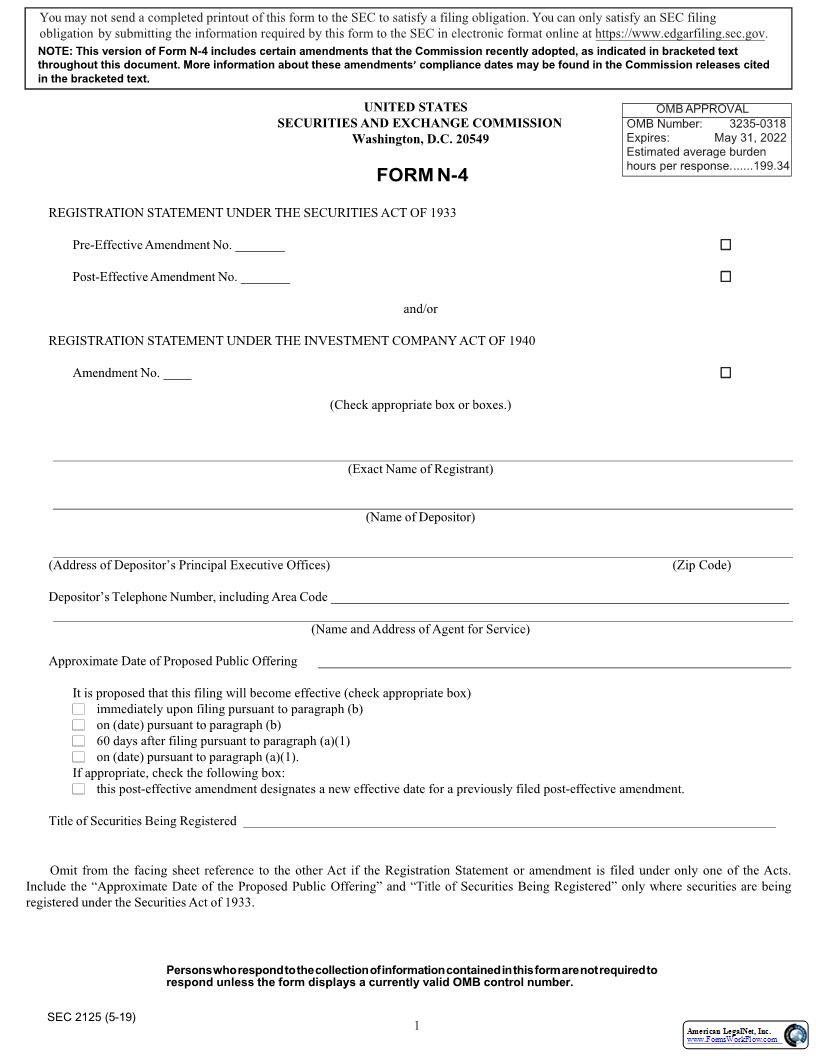 Form N-4 Registration Statement Under The Securites Act Of 1933 (Trusts) (SEC2125) {N-4} | Pdf Fpdf Docx | Official Federal Forms