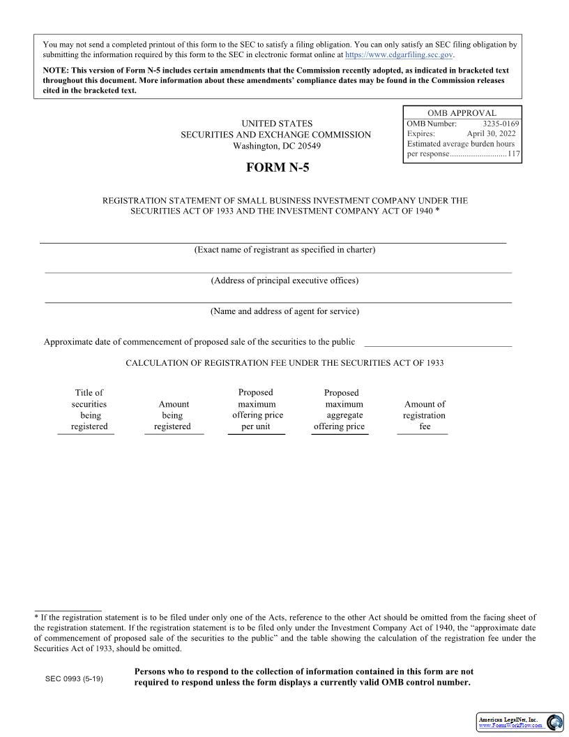 Form N-5 Registration Statement Of Small Business Investment Company (SEC0993) {N-5} | Pdf Fpdf Docx | Official Federal Forms