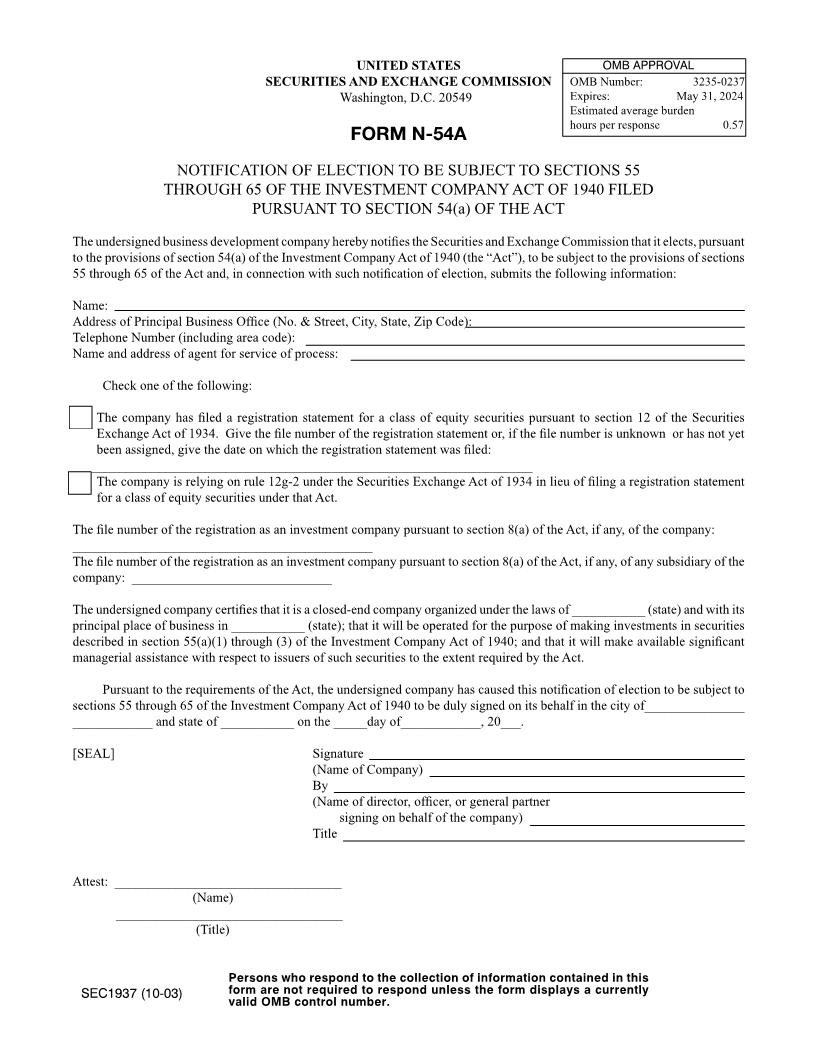Form N-54A Notification Of Election To Be Subject To Sections 55 Through 65 (SEC1937) {N-54A} | Pdf Fpdf Docx | Official Federal Forms