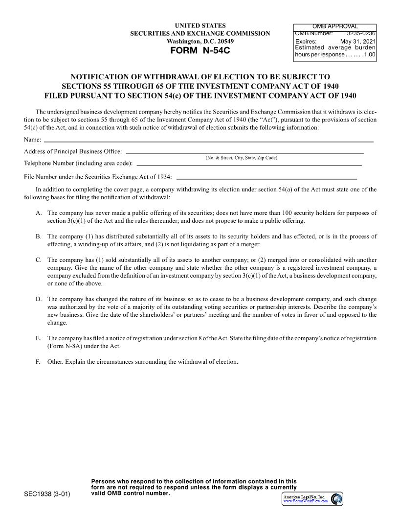Form N-54C Notification Of Withdrawal Of Election To Be Subject To Sections 55 Through 65 (SEC1938) {N-54C} | Pdf Fpdf Docx | Official Federal Forms