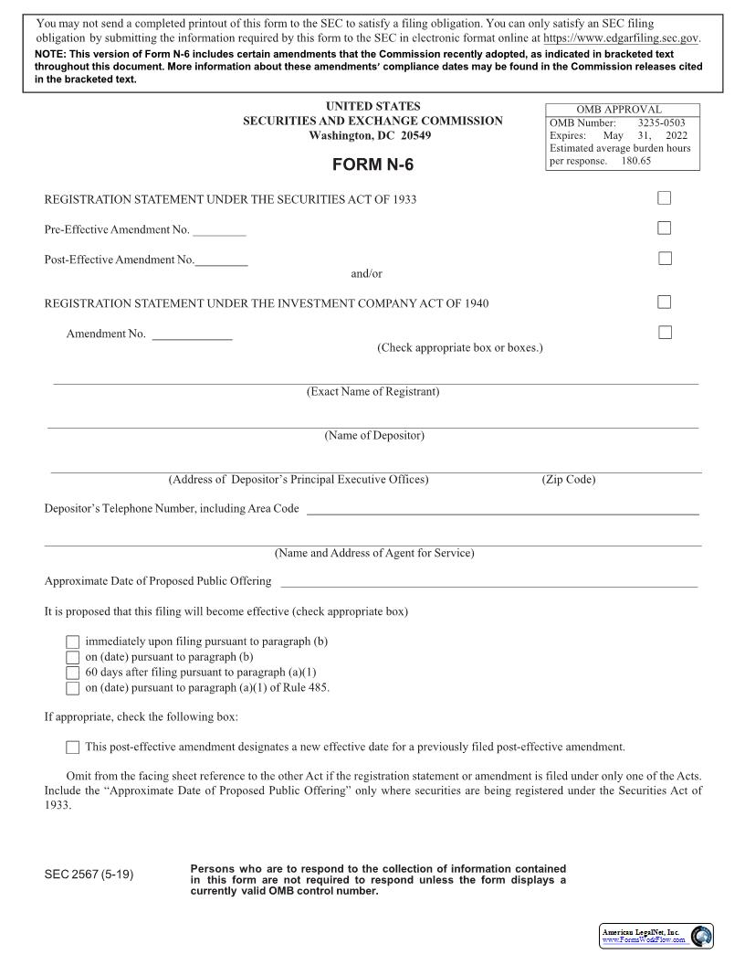 Form N-6 Registration Statement (Separate Accounts Organized As Unit Investment Trusts) (SEC2567) {N-6} | Pdf Fpdf Docx | Official Federal Forms