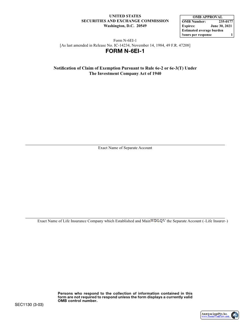 Form N-6E1-1 Notification Of Claim Of Exemption Pursuant To Rule 6e-2 Or 6e-3(T) (SEC1130) {N-6E1-1} | Pdf Fpdf Docx | Official Federal Forms