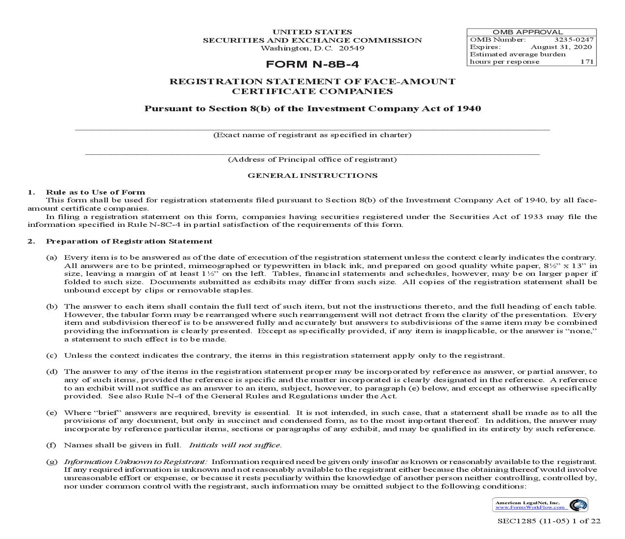 Form N-8B-4 Registration Statement Of Face-Amount Certificate Companies (SEC1285) {N-8B-4} | Pdf Fpdf Doc Docx | Official Federal Forms