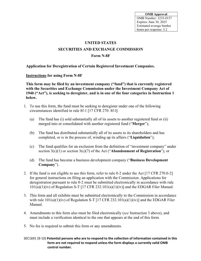 Form N-8F Application For Deregistration Of Certain Registered Investment Companies (SEC1691) {N-8F} | Pdf Fpdf Doc Docx | Official Federal Forms