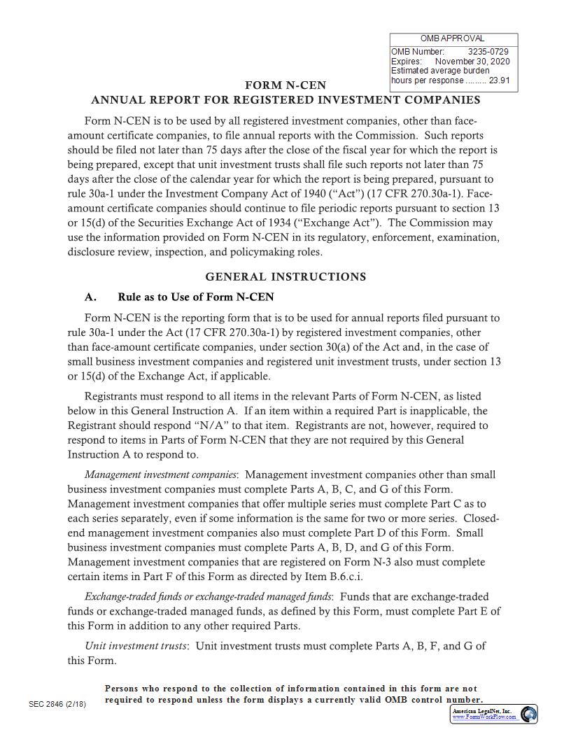 Form N-CEN Annual Report For Registered Investment Companies (SEC2846) {N-CEN} | Pdf Fpdf Docx | Official Federal Forms