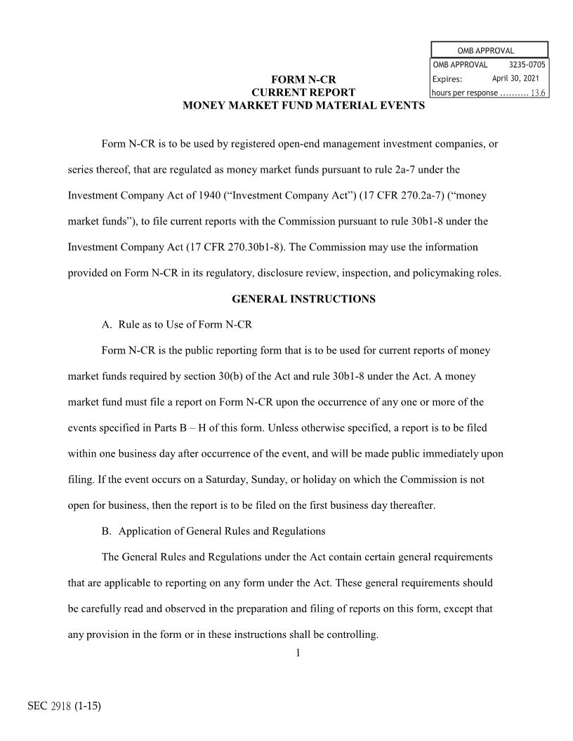 Form N-CR Current Report Money Market Fund Material Events (SEC2918) {N-CR} | Pdf Fpdf Docx | Official Federal Forms