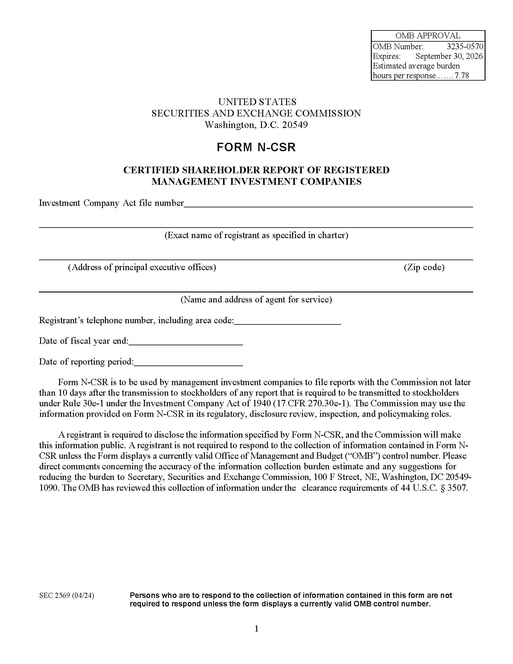Form N-CSR Certified Shareholder Report Of Registered Management Investment Companies (SEC2569) {N-CSR} | Pdf Fpdf Docx | Official Federal Forms