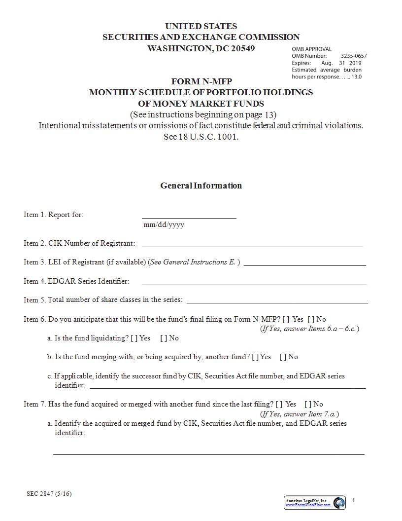Form N-MFP Monthly Schedule Of Portfolio Holdings Of Money Market Funds (SEC2847) {N-MFP} | Pdf Fpdf Docx | Official Federal Forms