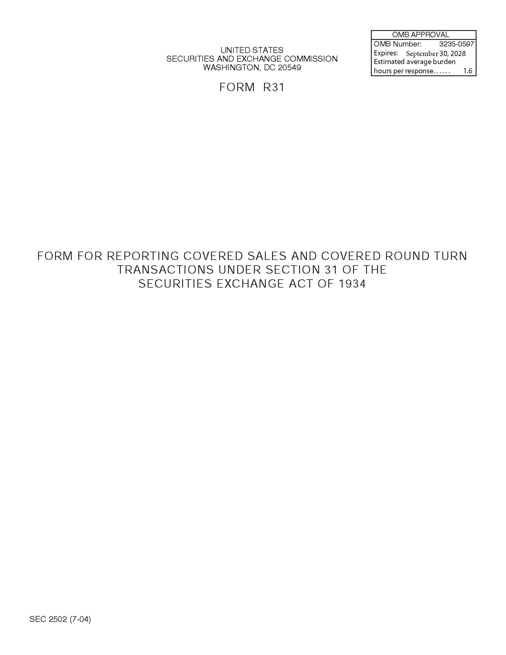 Form R31 Form For Reporting Covered Sales And Covered Round Turn Transactions Under Section 31 (SEC2502) {R31} | Pdf Fpdf Doc Docx | Official Federal Forms