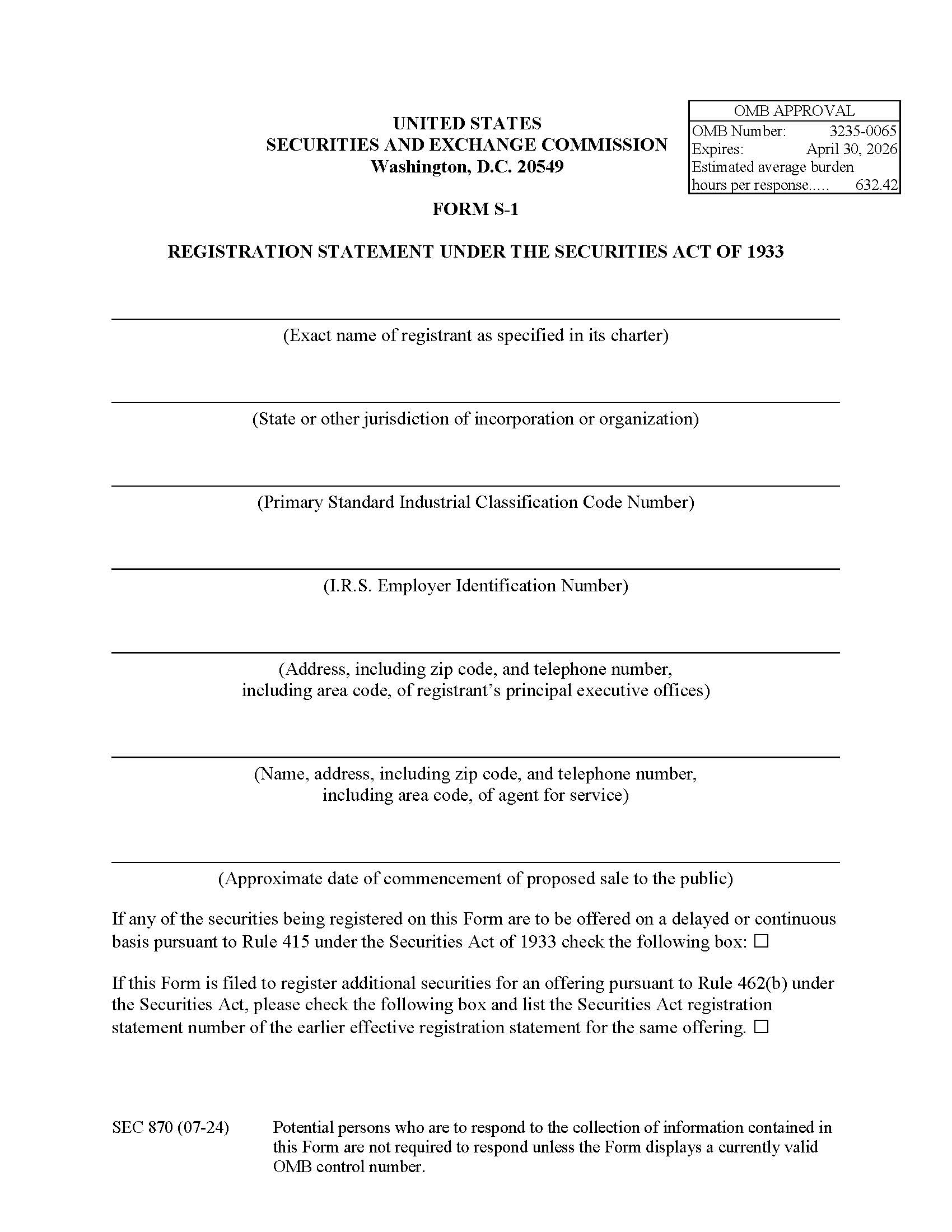 Form S-1 Registration Statement Under The Securities Act Of 1933 (SEC870) {S-1} | Pdf Fpdf Docx | Official Federal Forms