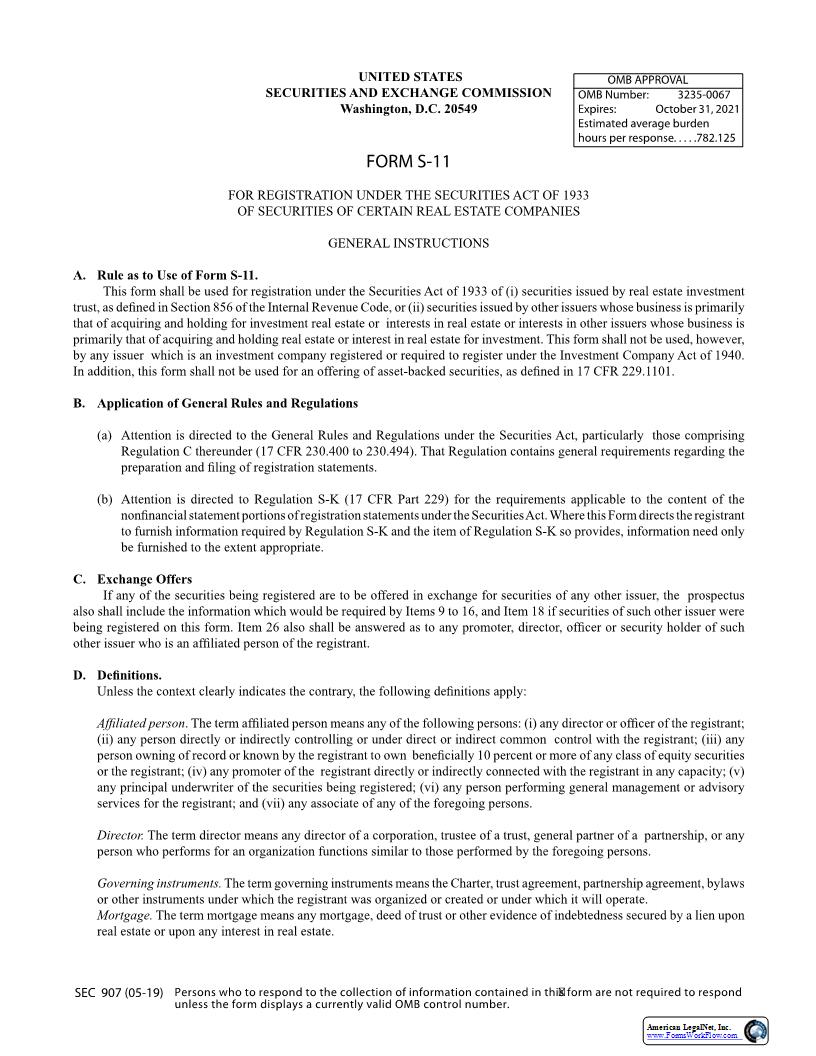 Form S-11 For Registration Under The Securities Act Of 1933-Real Estate Companies (SEC907) {S-11} | Pdf Fpdf Docx | Official Federal Forms