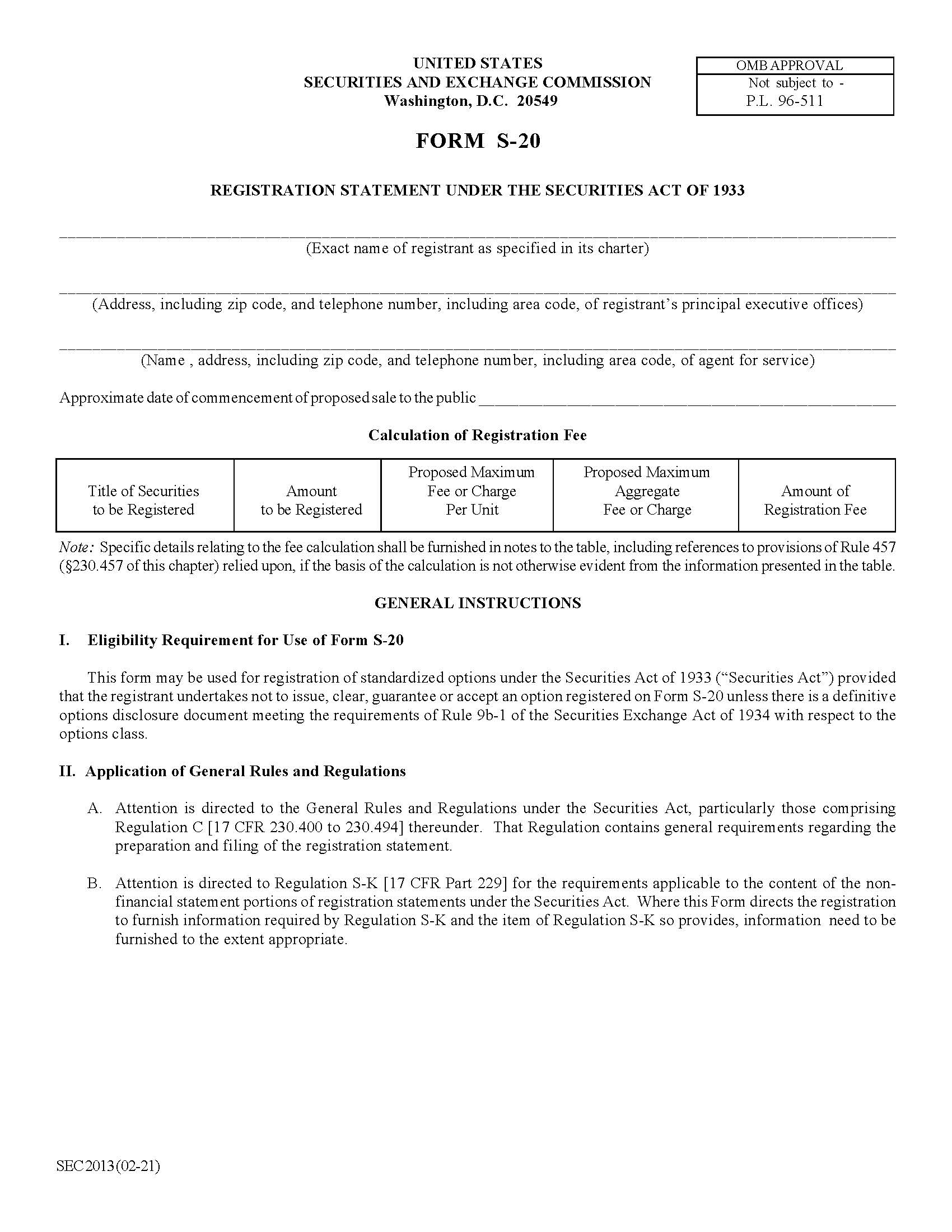Form S-20 Registration Statement Under The Securities Act Of 1933 (SEC2013) {S-20} | Pdf Fpdf Doc Docx | Official Federal Forms
