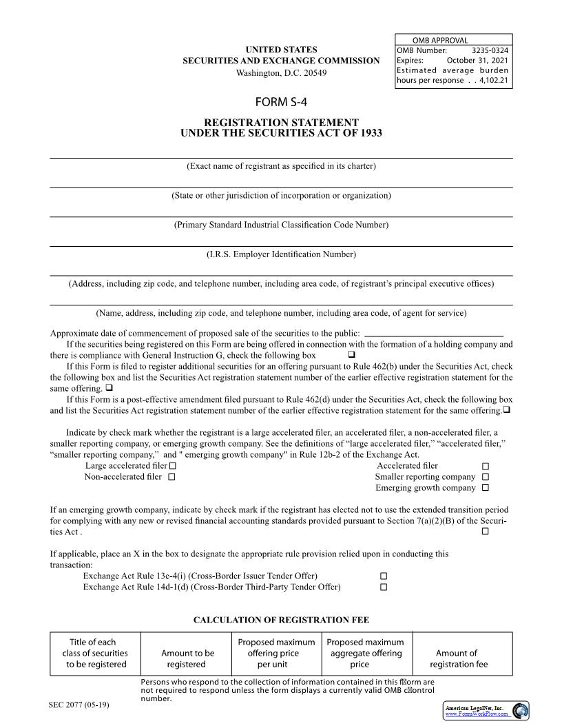 Form S-4 Registration Statement Under The Securities Act Of 1933 (SEC2077) {S-4} | Pdf Fpdf Docx | Official Federal Forms