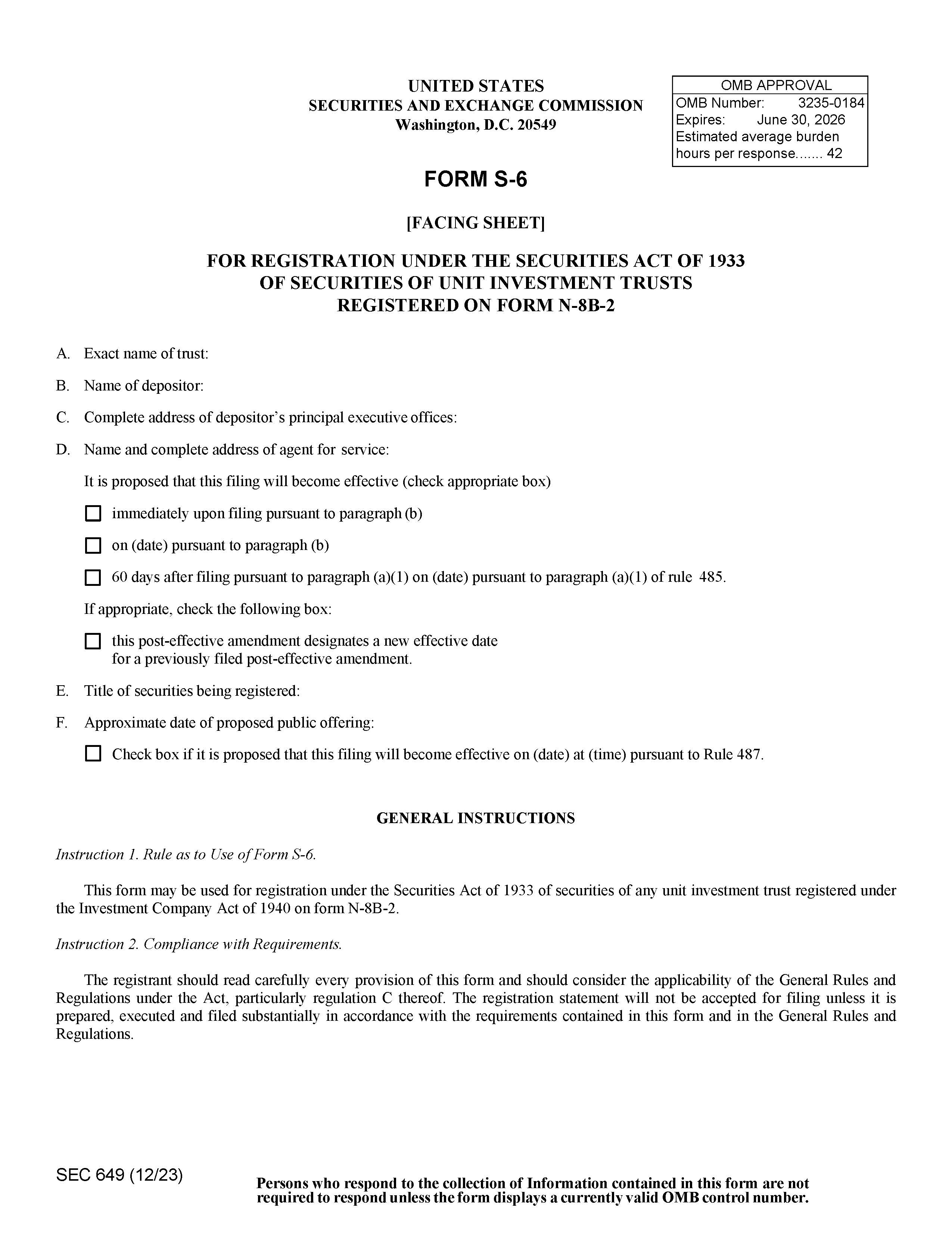 Form S-6 (Facing Sheet) For Registration Under The Securities Act Of 1933 (SEC649) {S-6} | Pdf Fpdf Docx | Official Federal Forms