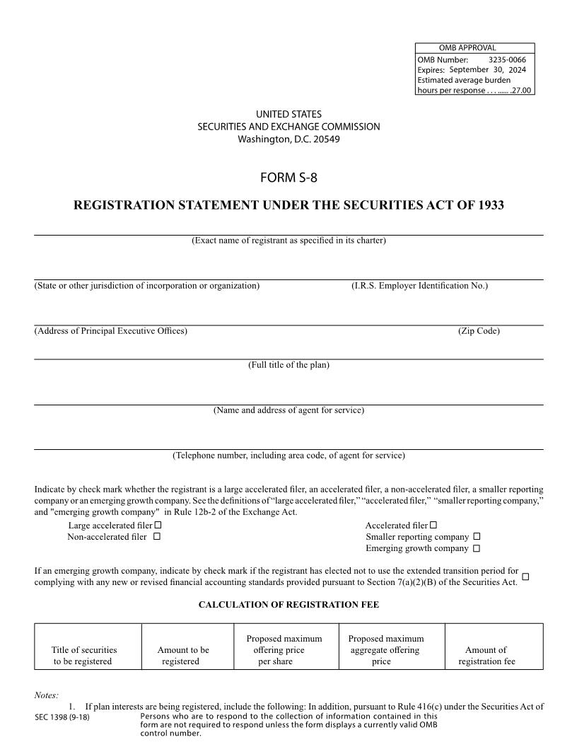 Form S-8 Registration Statement Under The Securities Act Of 1933 (SEC1398) {S-8} | Pdf Fpdf Docx | Official Federal Forms