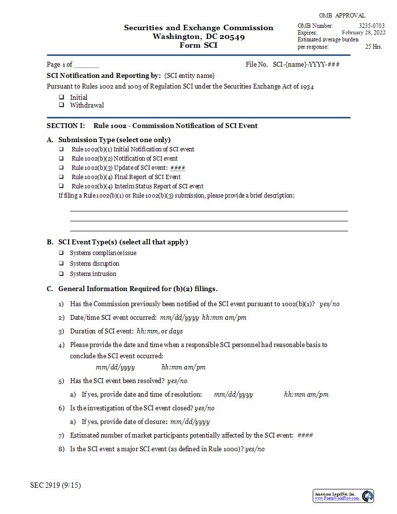 Form SCI Systems Compliance And Integrity (SEC2919) {SCI} | Pdf Fpdf Docx | Official Federal Forms