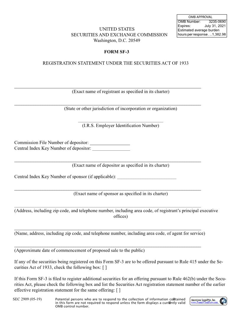 Form SF-3 Registration Statement Under The Securities Act Of 1933 (SEC2909) {SF-3} | Pdf Fpdf Docx | Official Federal Forms