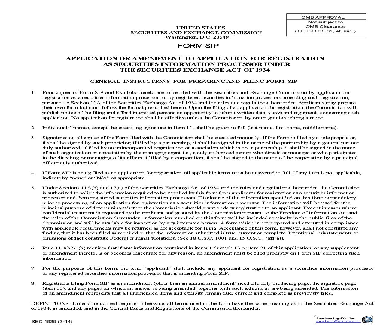 Form SIP Application Or Amendment To Application For Registration As Securities Information Processor (SEC1939) {SIP} | Pdf Fpdf Doc Docx | Official Federal Forms