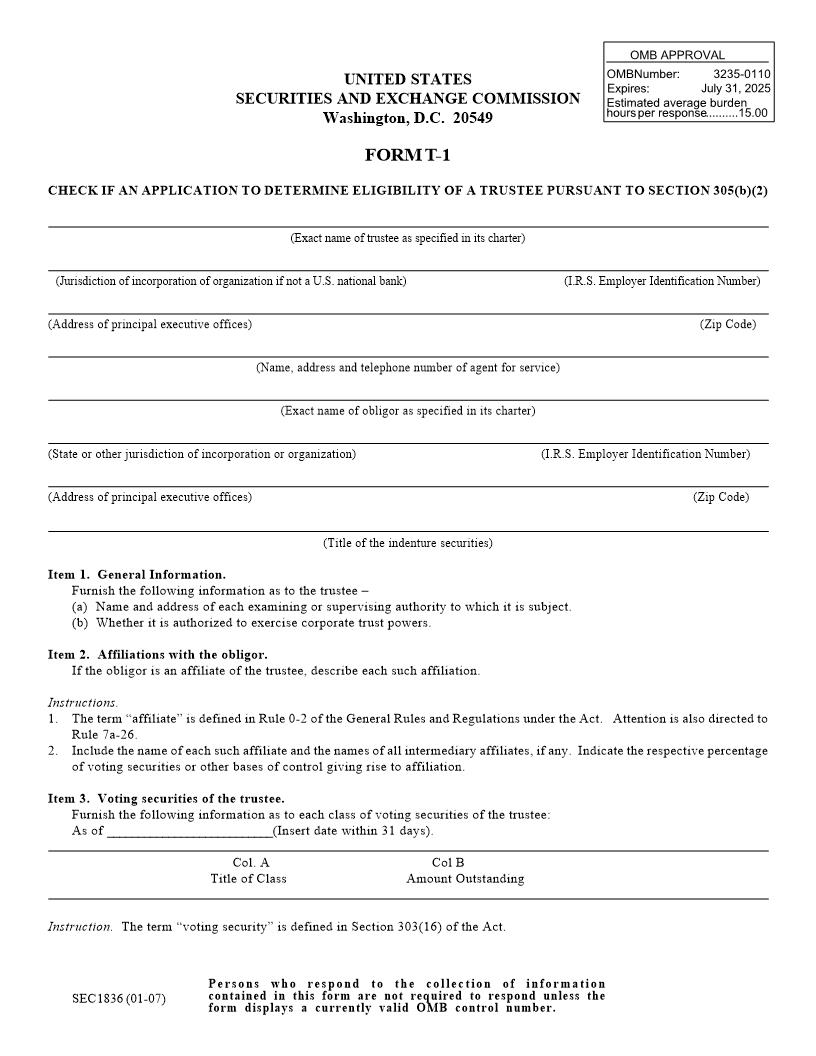 Form T-1 (Statement Of Eligibility And Qualification Under The Trust Indenture Act) (SEC1836) {T-1} | Pdf Fpdf Docx | Official Federal Forms