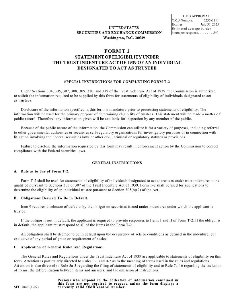 Form T-2 Statement Of Eligibility Under The Trust Indenture Act-An Individual Designated To Act As Trustee (SEC1849) {T-2} | Pdf Fpdf Docx | Official Federal Forms