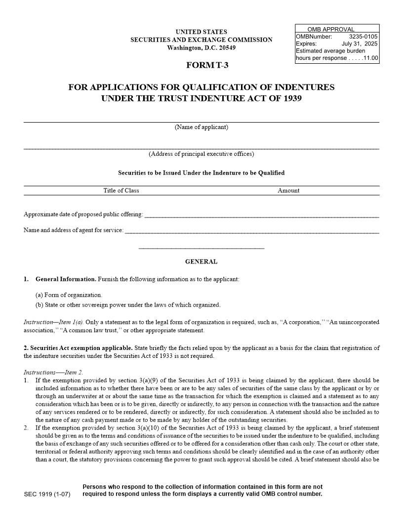 Form T-3 For Applications For Qualification Of Indentures Under The Trust Indenture Act (SEC1919) {T-3} | Pdf Fpdf Docx | Official Federal Forms
