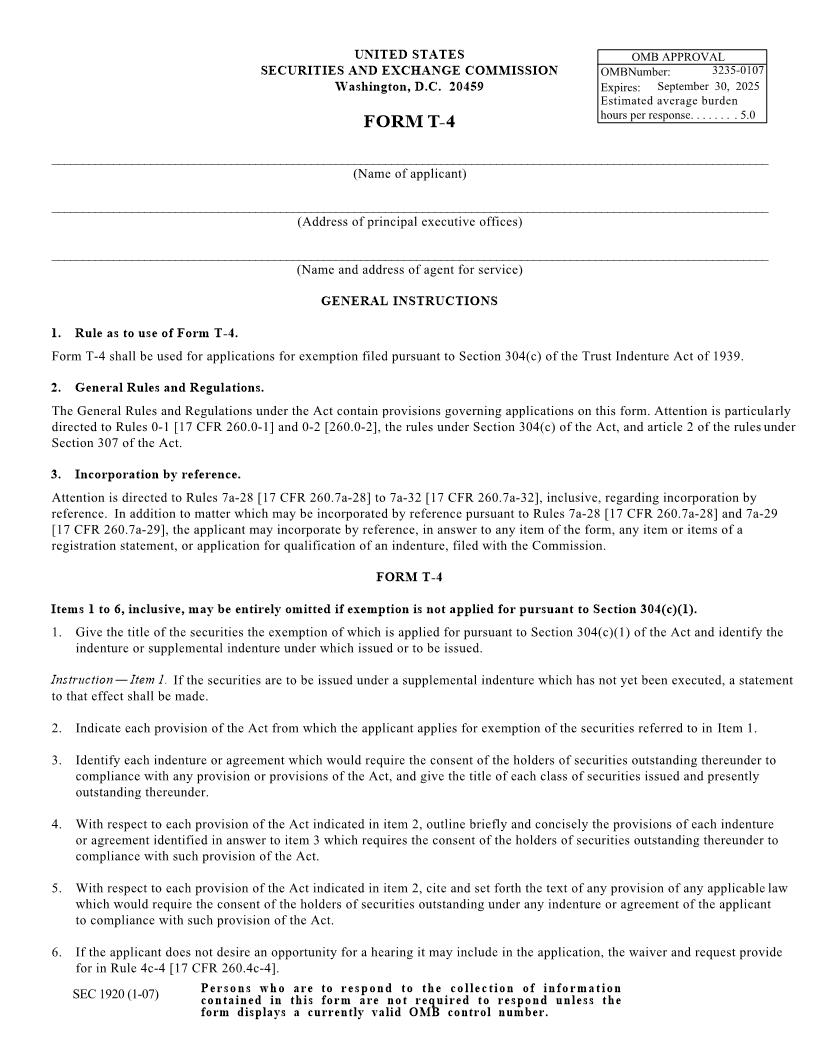 Form T-4 Application For Exemption Filed Pursuant To Section 304(c) Of The Trust Indenture Act Of 1939 (SEC1920) {T-4} | Pdf Fpdf Docx | Official Federal Forms