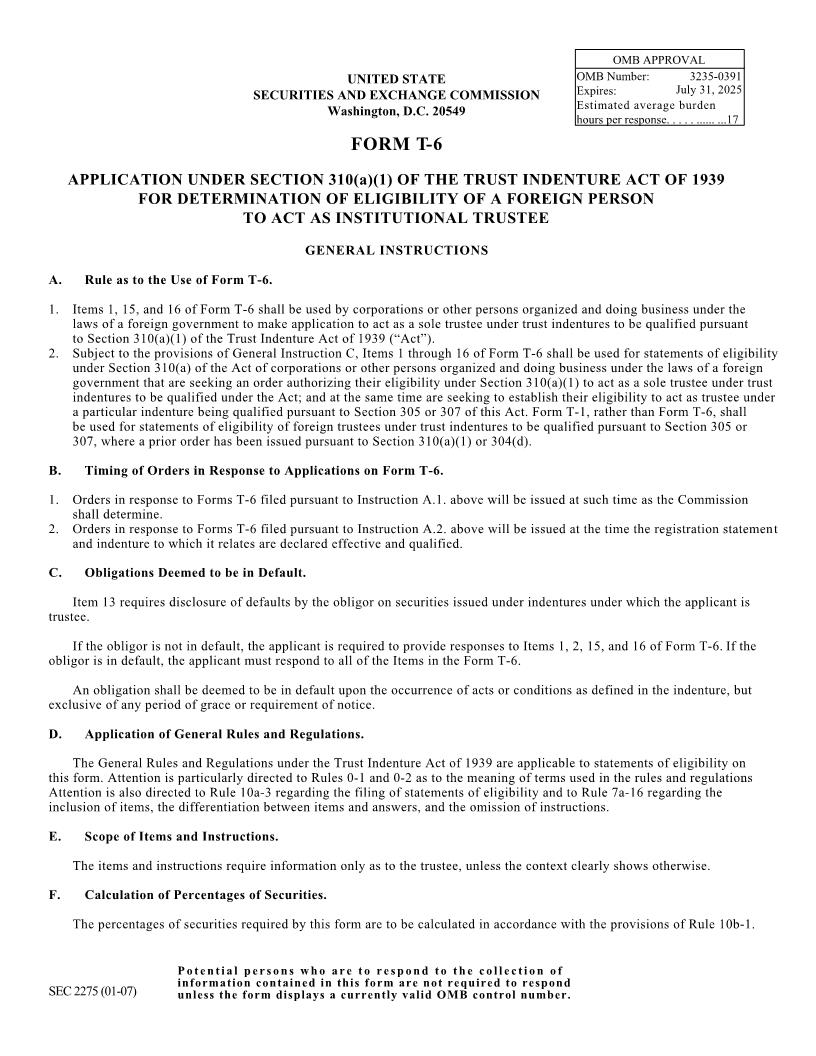 Form T-6 Application-For Determination Of Elegibility Of A Foreign Person To Act As Institutional Trustee (SEC2275) {T-6} | Pdf Fpdf Docx | Official Federal Forms