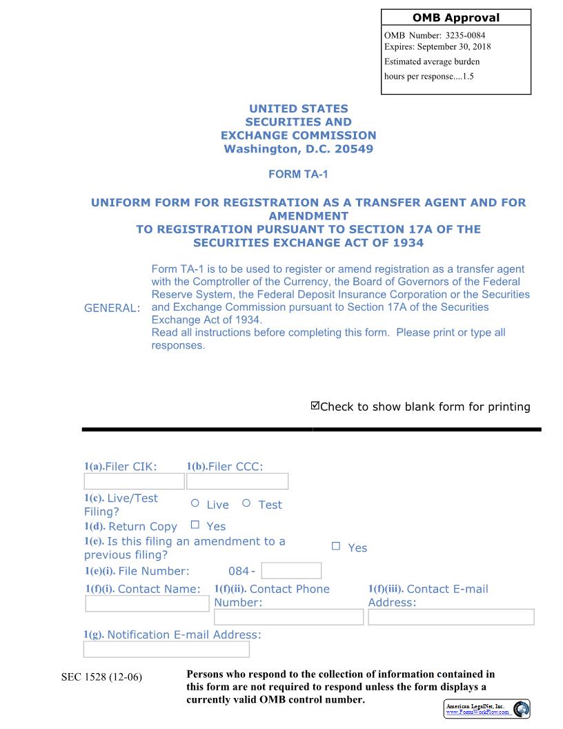 Form TA-1 Uniform Form For Registration As Transfer Agent And For Amendment (SEC1528) {TA-1} | Pdf Fpdf Docx | Official Federal Forms