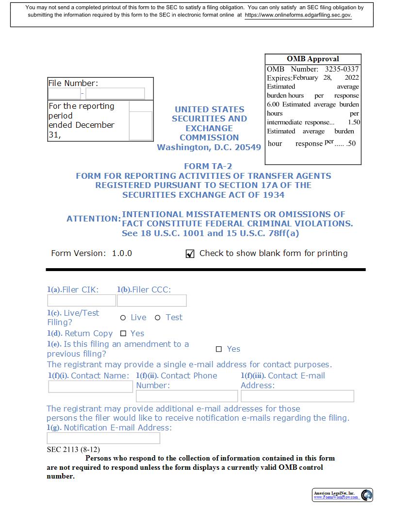 Form TA-2 Annual Report Of Transfer Agent Activities (SEC2113) {TA-2} | Pdf Fpdf Docx | Official Federal Forms