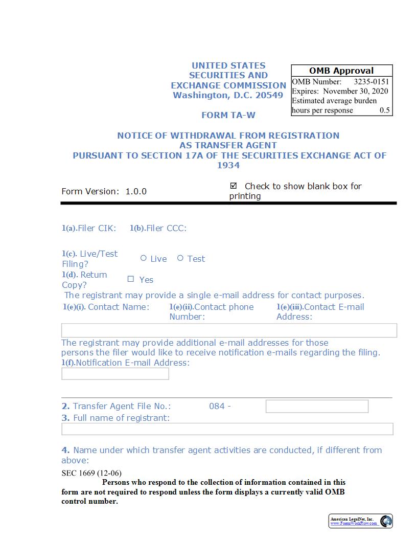 Form TA-W Notive Of Withdrawal From Registration As Transfer Agent (SEC1669) {TA-W} | Pdf Fpdf Doc Docx | Official Federal Forms