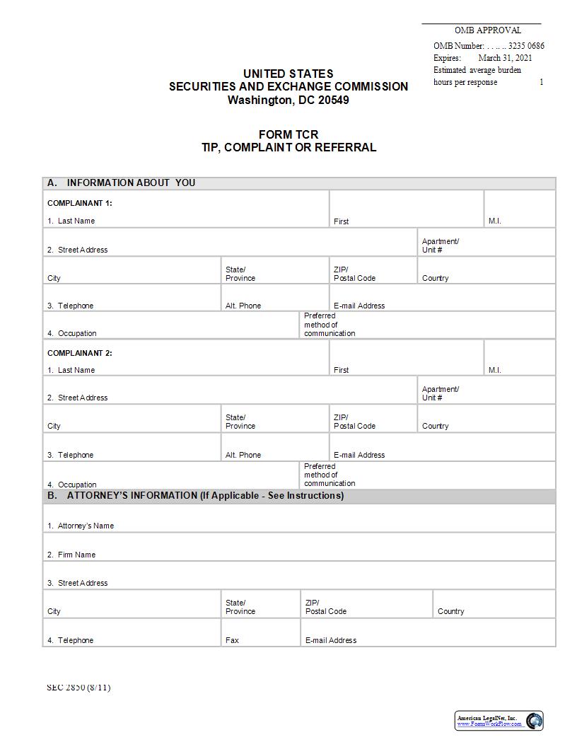 Form TCR Tip Complaint Or Referral (SEC2850) {TCR} | Pdf Fpdf Docx | Official Federal Forms