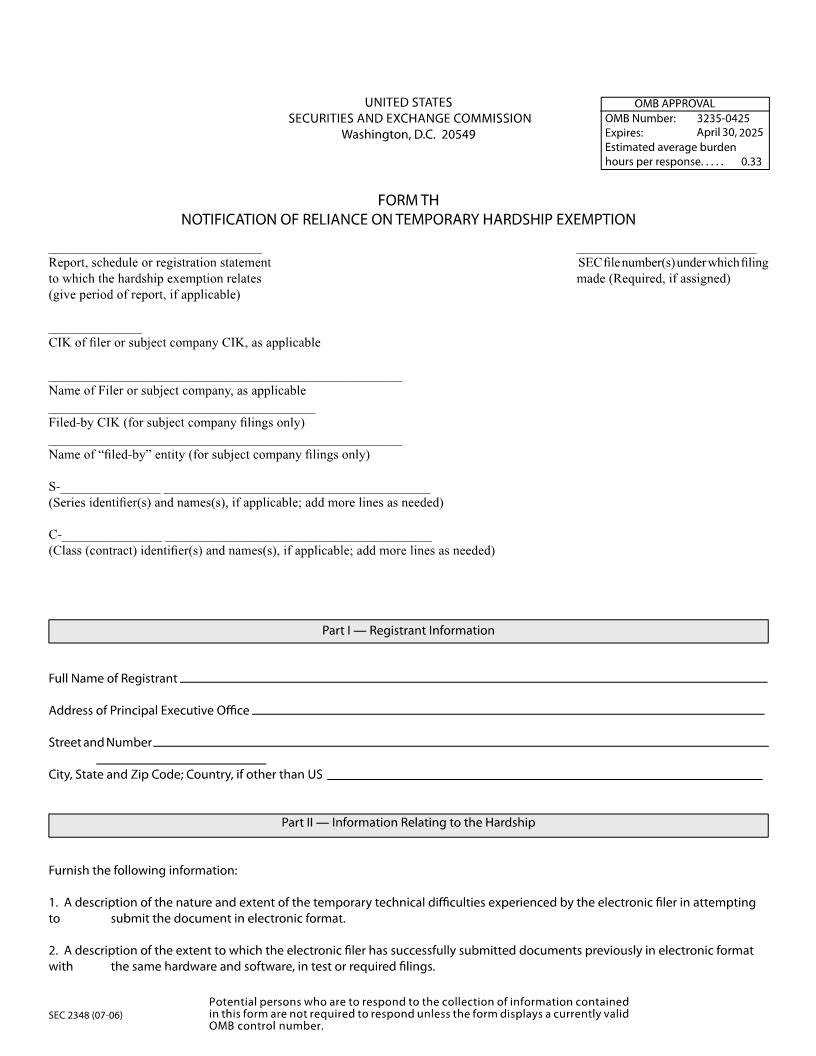 Form TH Notification Of Reliance On Temporary Hardship Exemption (SEC2348) {TH} | Pdf Fpdf Docx | Official Federal Forms