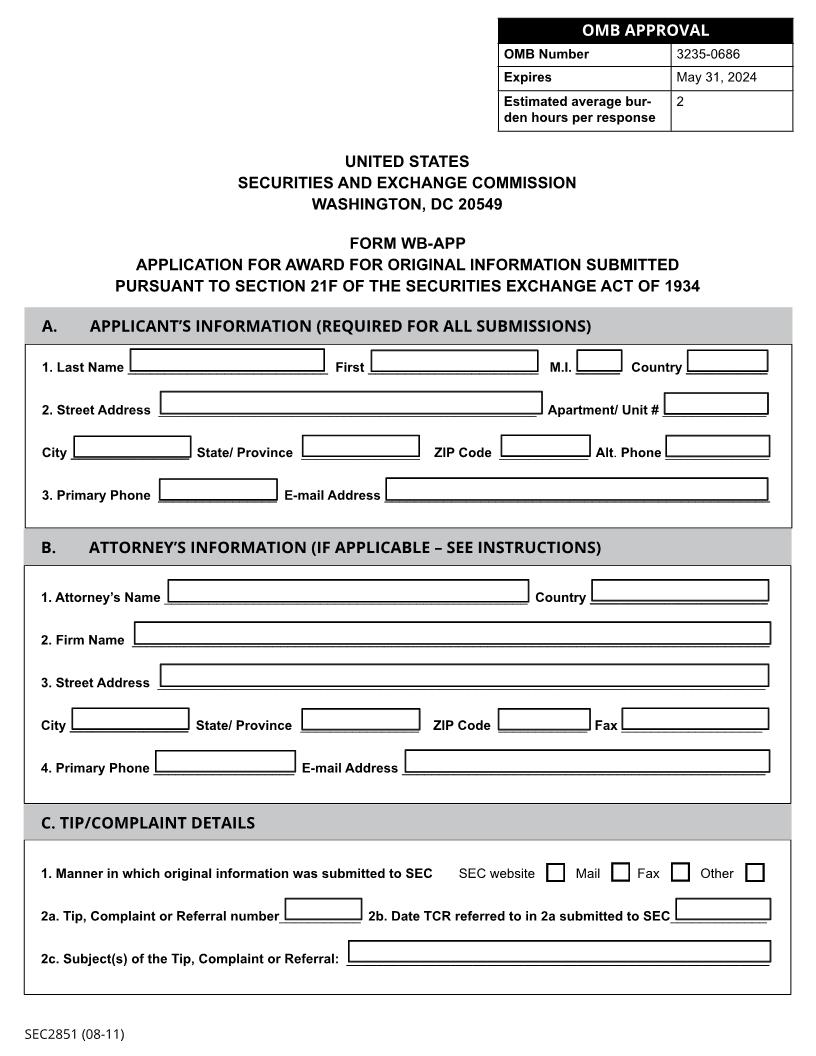Form WB-APP Application For Award For Original Information (SEC2851) {WB-APP} | Pdf Fpdf Docx | Official Federal Forms