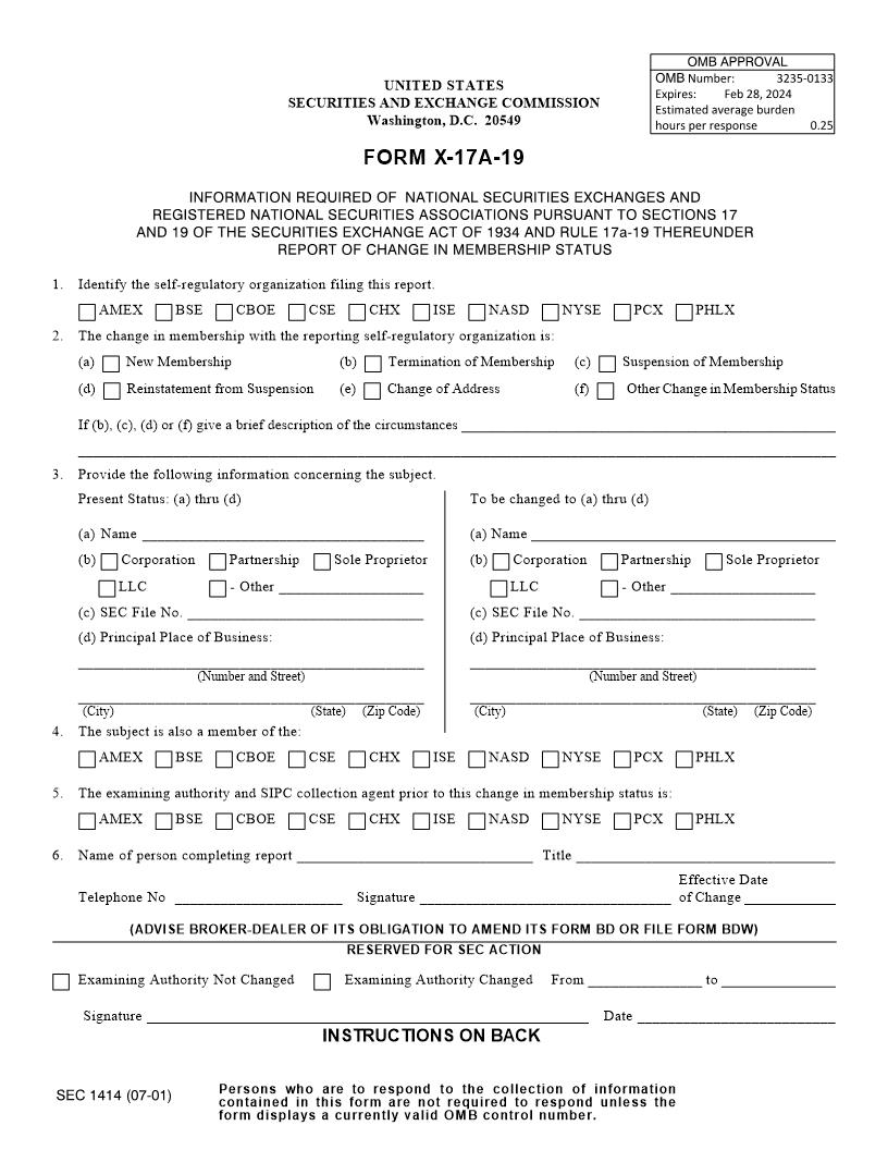 Form X-17A-19 Report Of Change In Memberhip Status (SEC1414) {X-17A-19} | Pdf Fpdf Docx | Official Federal Forms