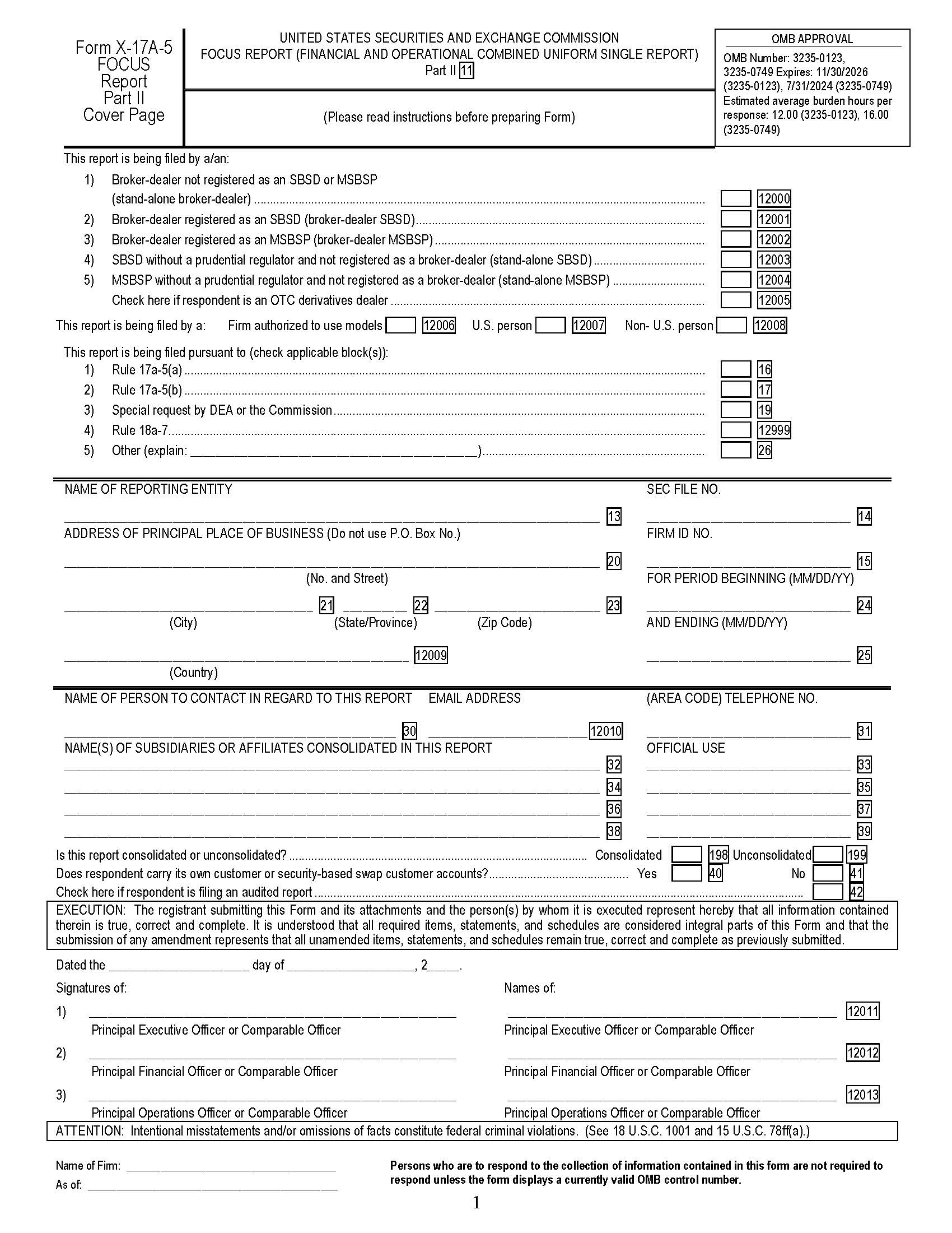 Form X-17A-5 Focus Report Part II (SEC1695) {X-17A-5} | Pdf Fpdf Docx | Official Federal Forms