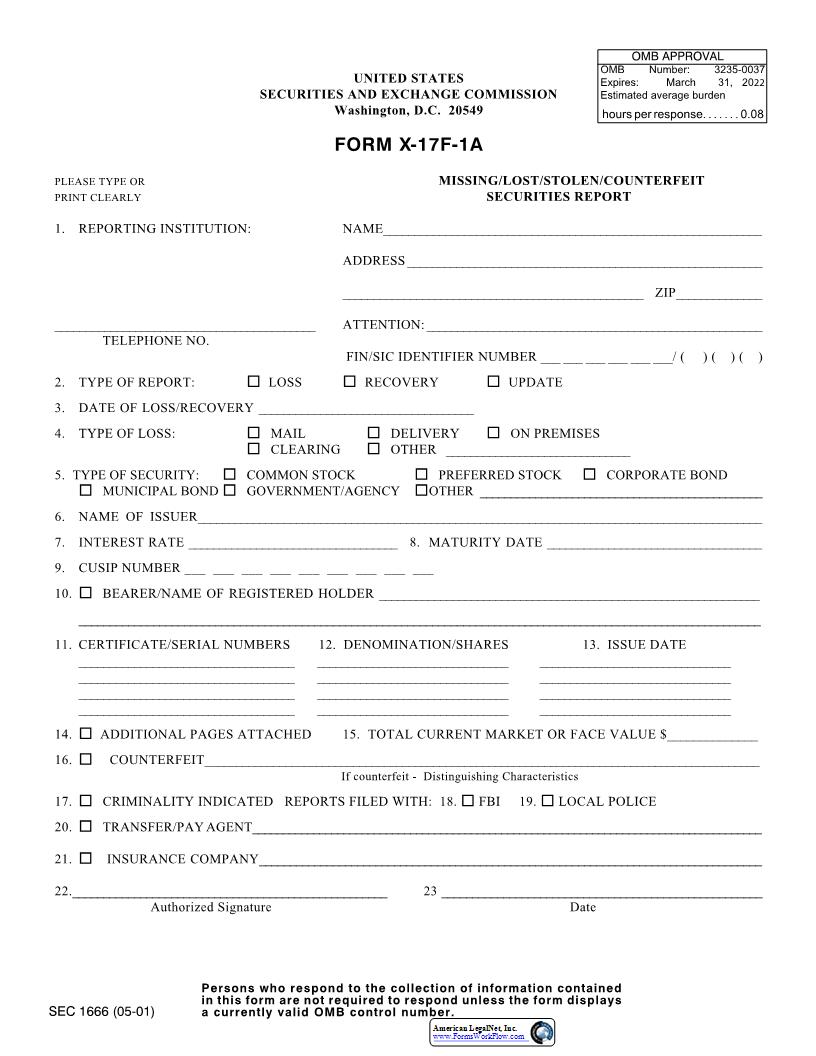 Form X-17F-1A Missing-Lost-Stolen-Counterfeit Securities Report (SEC1666) {X-17F-1A} | Pdf Fpdf Docx | Official Federal Forms