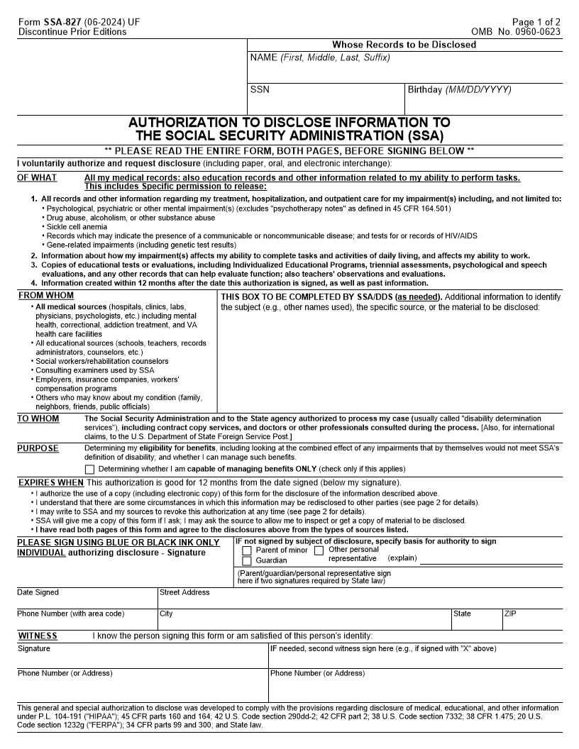 Authorization To Disclose Information To The Social Security Administration (SSA) {SSA-827} | Pdf Fpdf Doc Docx | Official Federal Forms