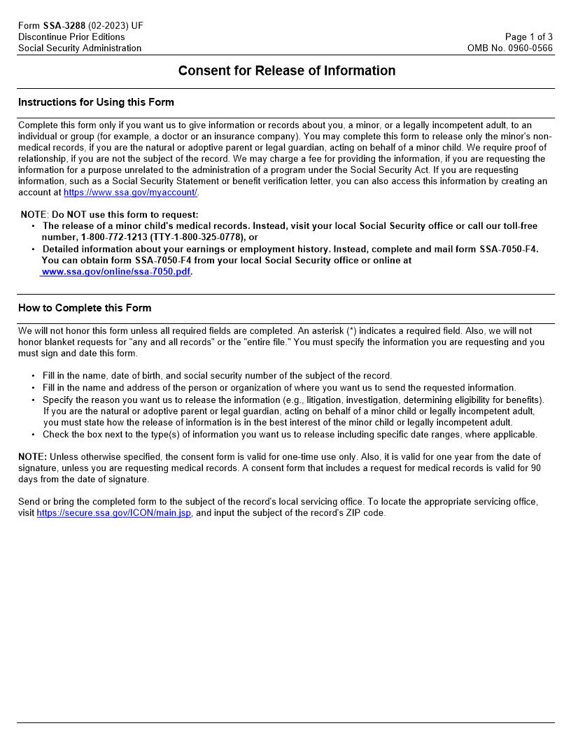 Consent For Release Of Information {SSA-3288} | Pdf Fpdf Doc Docx | Official Federal Forms