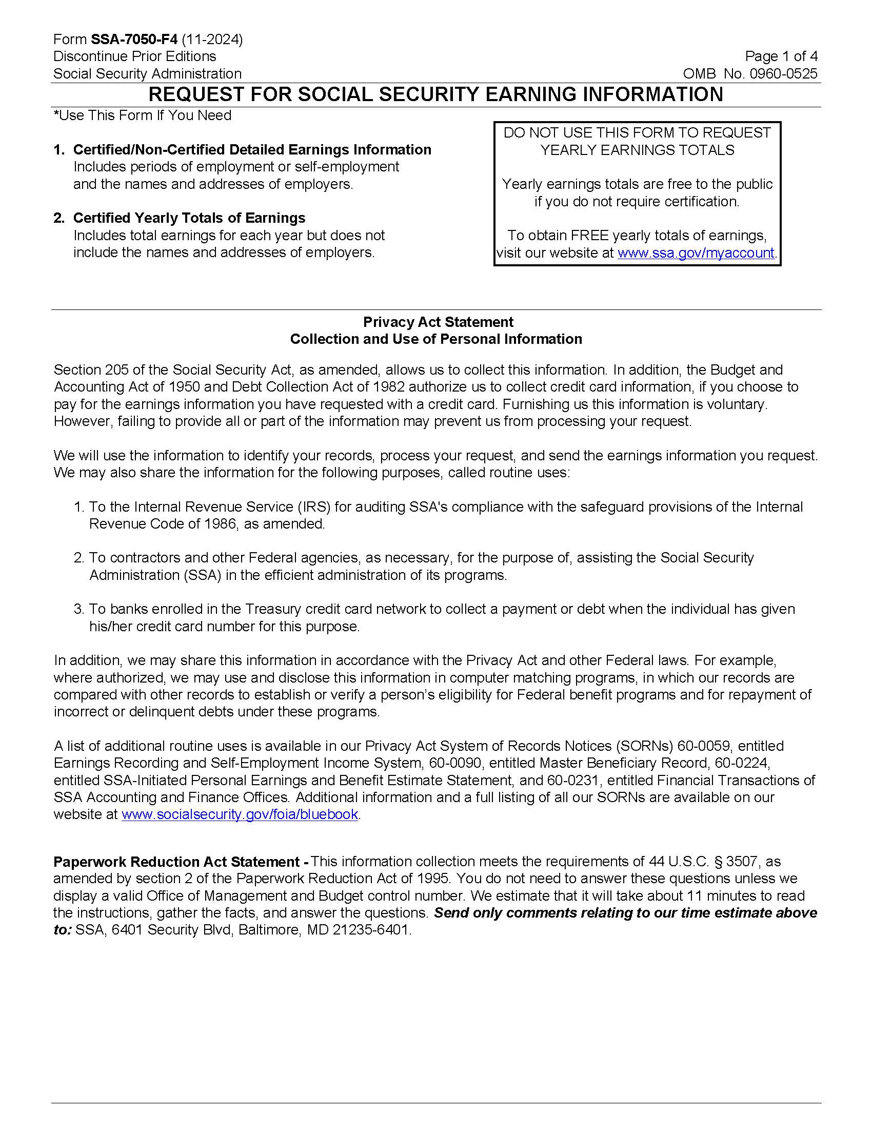 Request For Social Security Earnings Information {SSA-7050-F4} | Pdf Fpdf Docx | Official Federal Forms
