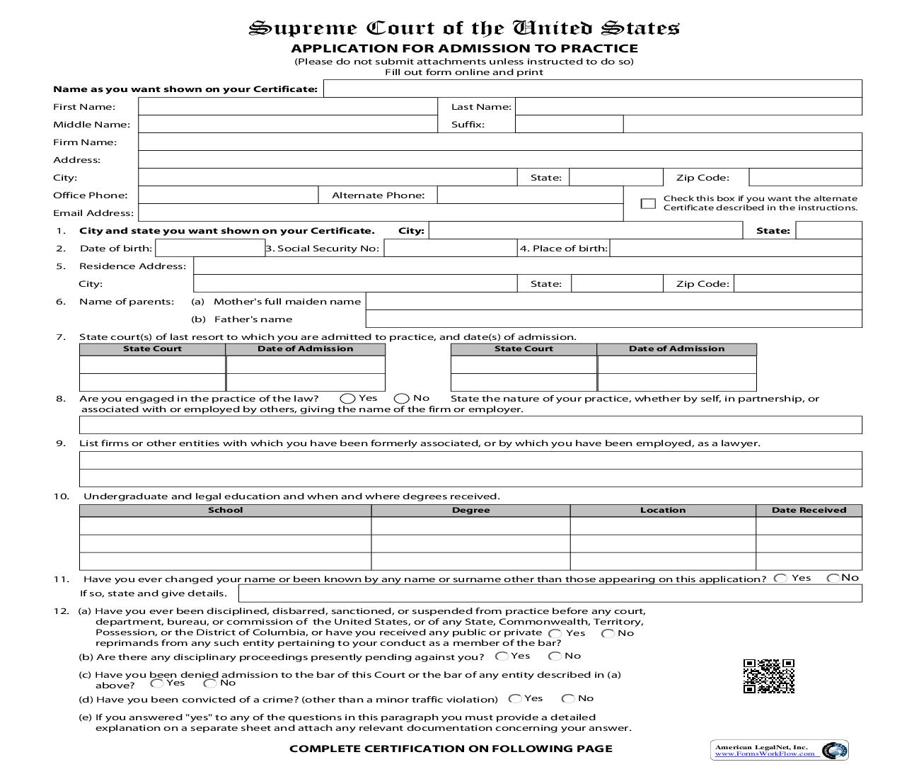 Application For Admission To Practice | Pdf Fpdf Doc Docx | Official Federal Forms