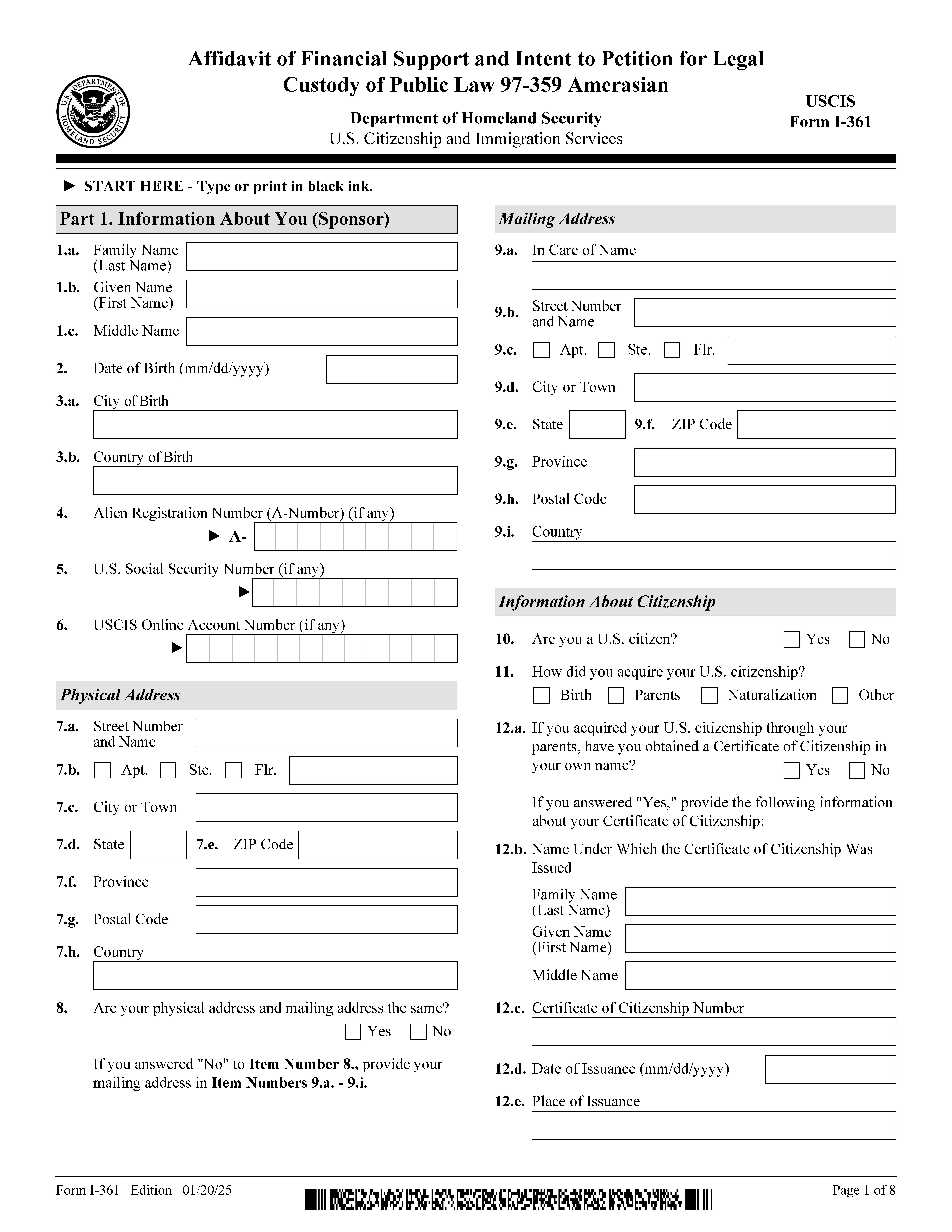 Affidavit Of Financial Support And Intent To Petition For Legal Custody Of PL 97-359 Amerasian {I-361} | Pdf Fpdf Doc Docx | Official Federal Forms